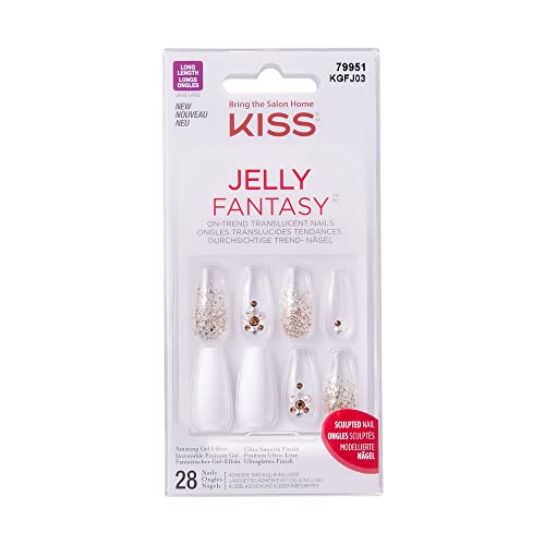 KISS Jelly Fantasy On-Trend Translucent Nails, Long Sculpted Glue-On / Press-On Fake Nails Kit, “Jelly Pop”, with Pink Gel Nail Glue, 24 Mega Adhesive Tabs, Mini File, Manicure Stick, & 28 False Nails