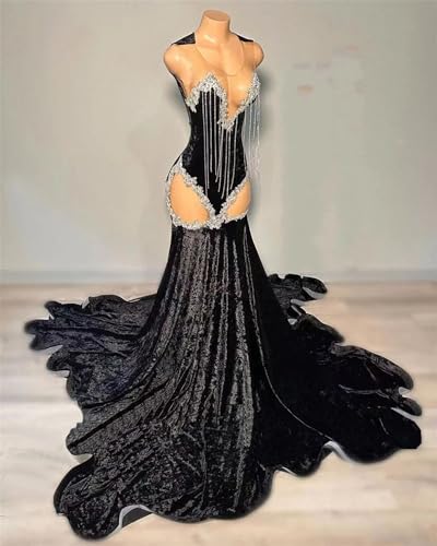 Prom Dresses Beaded Applique Tassels Pageant Sleeveless Mermaid Celebrity Velvet Evening Dress3