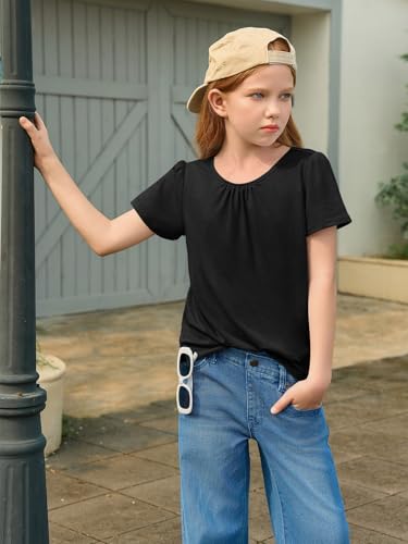 Haloumoning Girls Cross Back Shirts Kids Crewneck Puff Short Sleeve T-Shirt Cute Pleated Tops Tees 5-14 Years3