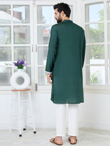 Image of See Designs Men's Full Sleeve Mandarin Collar Floral Embroidered Mandarin Collar Thread Work Straight Long Kurta - Festive Collection