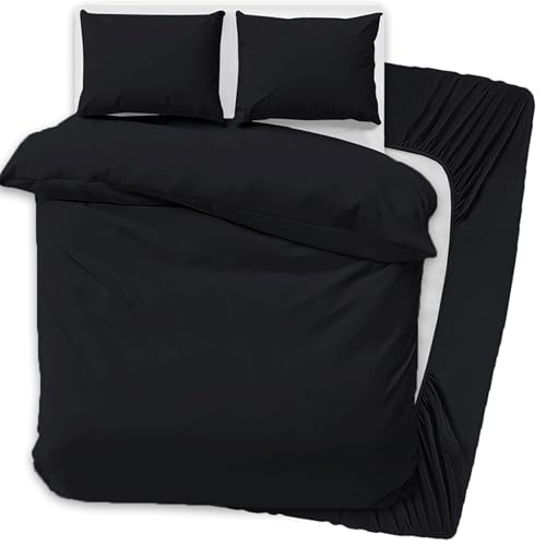 PRIME LINENS 4 Pcs Duvet Cover Set with Matching Fitted Sheet 30 cm Deep - Soft Breathable Premium Microfibre Quilt Cover Bedding Set (Black Double)