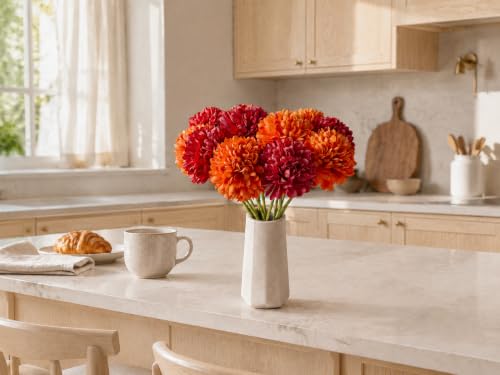 Image of Mandy's 12pcs Artificial Red and Orange Ball Chrysanthemum Flowers