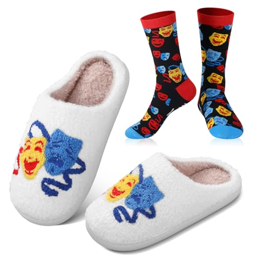 Geyoga Theatre Mask Slippers Sock Lover Gift Women Fluffy Plush Non Skid House Musical Theater Slippers Christmas Gift