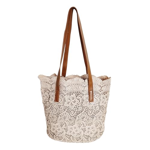Bolso Tote con Bordado Floral de Seda y paja marrón miniatura 1