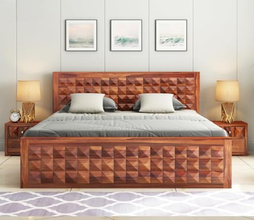 Image of King Size Sheesham Wood Box Storage Bed - Diamond Design Solid Wood Bedroom Bed | Honey Finish Wooden Cot | Eco-Friendly Handmade Indian Furniture | Modern Wooden Storage Bed