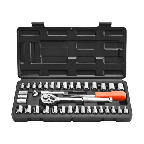 VEVOR Jeu de Douilles SAE et Métriques, Kit d'Outils de Mécanicien 39PCs, avec Clé à Cliquet à Entraînement de 9,5 et 6,4 mm, Accessoires et Étui de Rangement, en...
