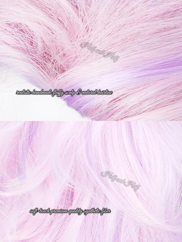 Image of Takako Uro Cosplay Wig Long Curly Pink and Light Purple Anime Wig for Women Vibrant Pink Wigs with Long Side Part Bangs for Halloween Party Daily