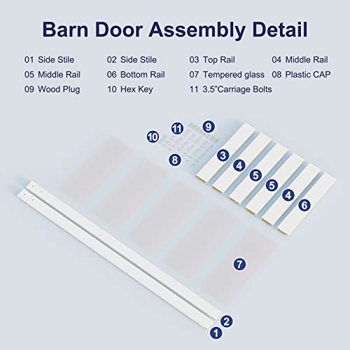 Image of SmartStandard 36 x 84 in Sliding MDF Barn Door Pre-Drilled Ready to Assemble, Waterproof PVC Coating, Interior Single Door Only, White, 5-Panel Glass