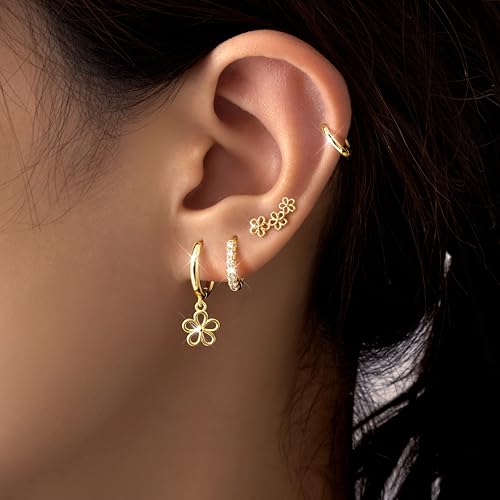 Image of Small Gold Huggie Hoop Earrings Set for Women Men Hypoallergenic 14K Plated Stack Cartilage Earrings, Sterling Silver Multiple Piercing Lightweight Mini Thin Cute Dainty Trendy Jewelry Gifts for Women