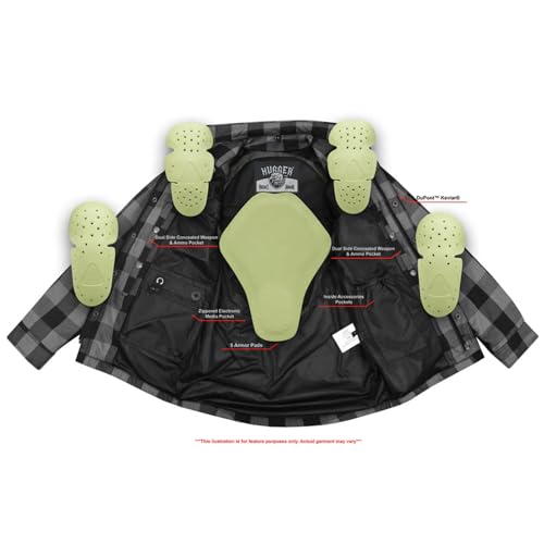 Hugger Men's Motorcycle Shirt Plaid Biker Flannel Jacket Removable Sporty Armored, Zipper and Snap Closure & Water Resistant3