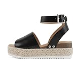 Soda Topic Open Toe Buckle Ankle Strap Espadrilles Flatform Wedge Casual Sandal (Black Pu, 5.5)