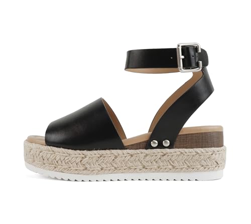 Image of Soda Topic Open Toe Buckle Ankle Strap Espadrilles Flatform Wedge Casual Sandal