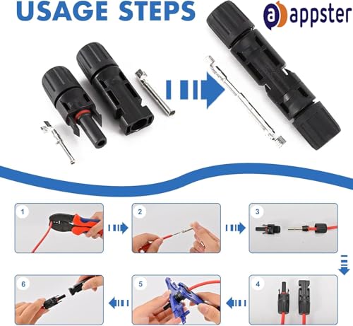 Image of 5 Pairs MC4 Solar Wire Connectors | 1000V 30A Waterproof Male Female Cable Extension Kit | PV Panel Plug with Copper Pin & Secure Locking for Solar Panel Installation (Set of 5 Pairs)