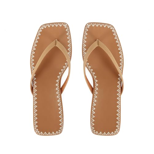 DOEYG Raffia Heels Sandals for Women Summer Beach Flip Flops Square Open Toe Flat Heeled Sandals Dressy Comfortable Slip on Thong Sandals2