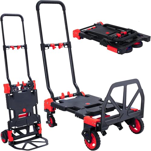 Image of 2 in 1 Folding Hand Truck, 330lbs Aluminum Portable Dolly Cart, Red | Converts to 2 & 4 Wheel Platform Truck with 5 inch Solid Rubber Wheels, 3-Gear Handle for Moving /Travel /Office