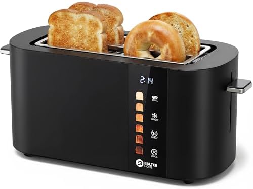 Balter Toaster 4 Slice Wide Slot, Bagel Function, Long Slot, Stainless Steel, Touch Screen, Built-in Rack, Extra-Wide 1.5" Slots for Thick Breads & Bagel, Timer, 6 Levels, Removable Tray, Black