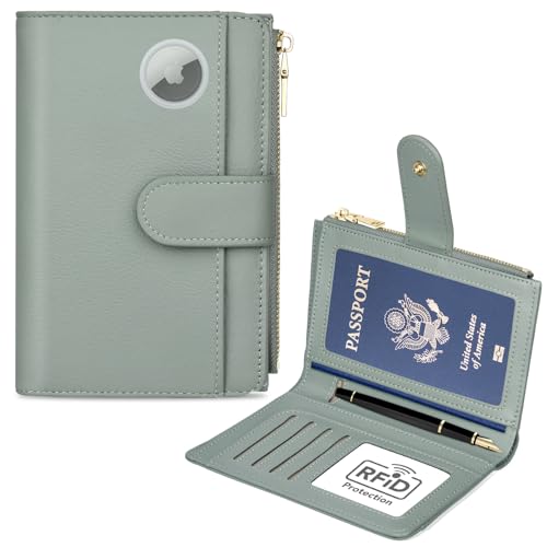 Passport Holder for Travel, Leather Passport Wallet with Airtag Slot, RFID Blocking Travel Wallet for Women Men, Passport Cover Case with Air Ticket Card Cash Coin Pocket, Travel Essentials Gift