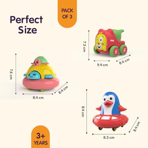 Image of Friction Powered Toy Pack of 3 for Kids with Topsy Turtle, Penguin & Carnival Car Characters with Whistle,Best Gift for Kids, 3+ Years