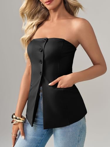 Cicy Bell Womens Strapless Blazer Vest Summer Sleeveless Fitted Tube Tops Trendy Button Down Work Suit Tops4