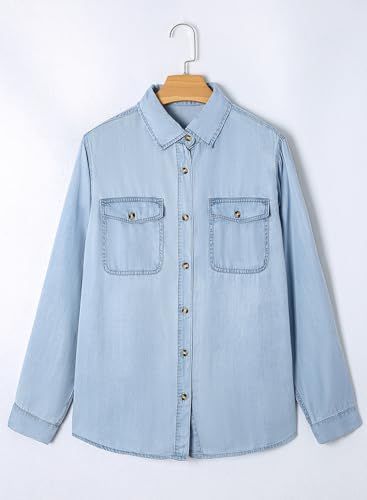 Astylish Women Button Down Denim Shirts Casual Long Sleeve V Neck Chambray Blouse Top3