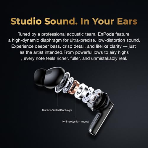 Image of Enfuse EnPods TWS Earphones with Dual Device Pairing, Ear Detect (auto Play /Pause), ~42dB ANC, ENC, Transparency Modes, 50 mAh, Super Extra Bass, IPX4, Touch, 400 mAh Wireless Charging Case, Earbuds