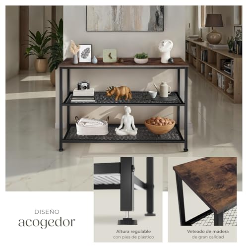 tectake® Mesa Consola Retro, con 2 Estantes de Eejilla, Mueble Auxiliar para Entrada, Mueble Recibidor, Mesa de Centro, Robusta y Estable - Madera Industrial Oscura, Rústica - imagen 6