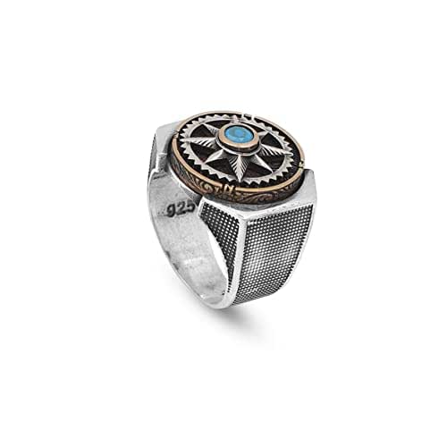 Jewellery Pit Compass Turquoise Micro Stone Wheel Ring Handmade Sterling Silver Men's Ring