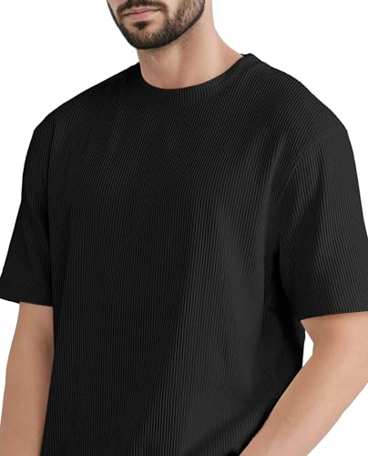 Image of GRECIILOOKS Men's Polycotton Textured Drop Shoulder Oversized Fit T-Shirt