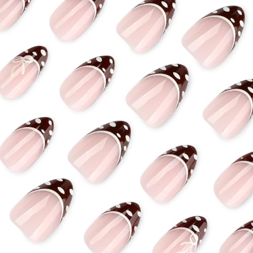 Image of Polka Dot Press on Nails Brown French Tip Fake Nails Short Almond Nails