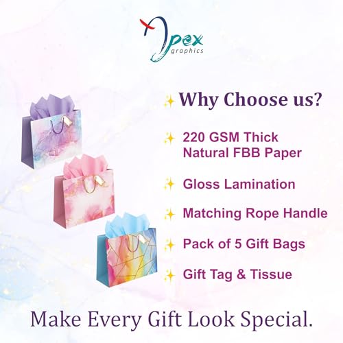 Image of Gift Bags Large size - Paper Bags for Gifting - Return gift bags for kids birthday - Carry Bags with Tissue and Tag - Paper Bags for Gift Packing - - Pack of 5-14 x 10.5 x 4 Inch (Pink Purple Blue)