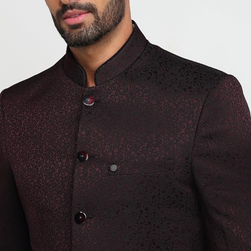 Image of Raymond Men Regular Fit Jacquard Pattern Pure Polyester Band Collar Full Sleeve Festive Suit