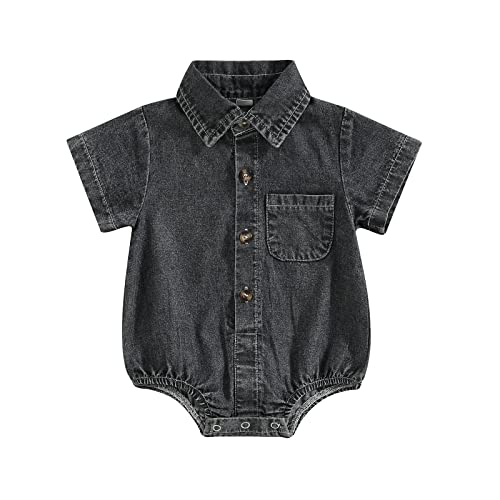 Image of Unisex Newborn Baby Boy Girl Clothes Denim Button Up Shirt Oversized Lapel Short Sleeve Bubble Romper Outfit