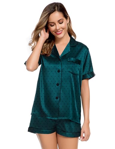 Image of LecGee Womens Silk Satin Pajamas Short Sleeve Loungewear Two-Piece Sleepwear Button-Down Pj Set Deep Green Dots Large