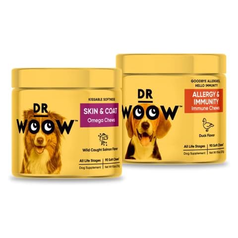 Dr Woow Chews Dog Treats Supplements Glamourous Pup Bundle 2 Pack (180 Count) Wild Alaskan Salmon Oil and Duck Flavor - Skin & Coat + Immune Health Food Supplements with Omega 3 Fatty Acids Cover