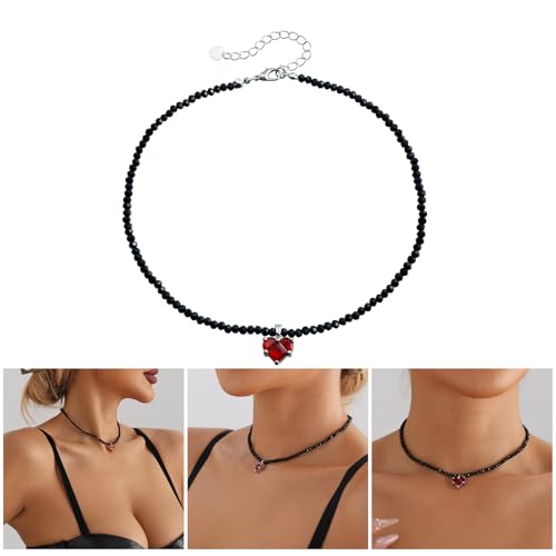Zwarte kristallen kralen ketting met hart hanger verstelbare lengte choker stijlvolle halsketting voor modieuze vrouwen - Afbeelding 3