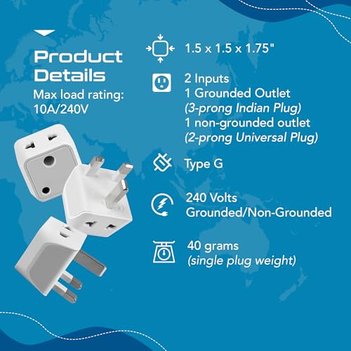 Image of Ceptics UK Adapter, 2 in 1 India to UK Plug Adapter, India to UAE, Ireland Adapter - Type G - CE Certified - RoHS Compliant - White - 1 Pack - Lifetime Limited Warranty