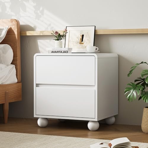 Image of MAISONARIA Curved Nightstand Set of 2, Modern Nightstand with 2 Large Storage Drawers, Wooden Endside Table for Bedroom, White