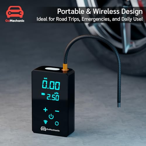 Image of GoMechanic Wireless Tyre Inflator for Car & Bike |150 PSI |3000 mAh Battery | Air Pump with Full LCD Touch Screen, Multiple Presets| PowerBank|Flash Light |Type C, Digital Display, Multiple Nozzles