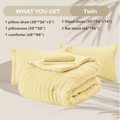 Image of HYMOKEGE Yellow Twin Comforter Set Seersucker 5 Pieces, All Season Luxury Bed in a Bag for Bedroom, Bedding Set with Comforter, Sheets, Pillowcase & Sham