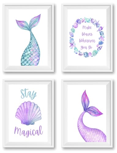 Image of 4Pcs Mermaid Wall Art Colorful Mermaid Tail Canvas Painting Shell Starfish Pictures Nursery Inspirational Quotes Wall Decor Watercolor Ocean Animal Posters Prints for Kids Girl Bedroom Unframed