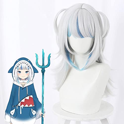 KAEVUD Anime Gawr Gura Cosplay Wig Shark Girl Silver Mixed Blue Medium Cute Ponytails Curly Party Hair Halloween Women Girls (Gawr Gura)