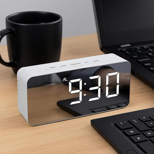 Image of REACHER Digital LED Mirror Alarm Clock|Table Smart Alarm Back Light Clock for Students, Office, Home & Bedroom with Sensor Date & Temperature for Heavy Sleeper 12 /24Hr Time, USB /Battery Powered
