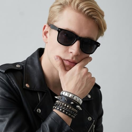 Image of GUSTAVE Bracelet for Man Punk Rock Studded Bracelets Black Leather Cuff Bracelet for Men Women Adjustable Goth Bracelets 80s Retro Style Wristband Halloween Party Accessories