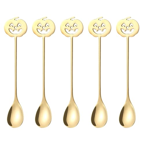 Garneck 5pcs Pumpkin Shaped Spoons Halloween Serving Spoons 5.9 Inch Tea Coffee Stir Spoons Kitchen Silverware Utensils for Halloween Thanksgiving Day Party Decor Dessert Spoons Stainless Steel