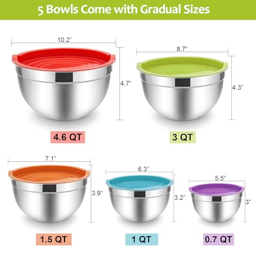 E-far Mixing Bowls with Lids Set of 5, Stainless Steel Mixing Bowls Metal Nesting Bowls with Airtight Lids, Non-toxic & Dishwasher Safe, Great for Cooking, Baking, Serving - Size 0.7/1/1.5/3/4.5QT