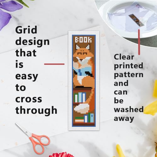 Image of INFUNLY 6 Set Fox Reading Cross Stitch Bookmark Kit DIY Cross Stitch Kit 8 inchx2.4 inch Pre-Printed Books Stamped Embroidery Bookmark with Instructions for Beginners Book Lovers Gifts