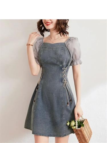 UIOKLMJH Denim Dress for Women Business Drawstring Square Neck Short Sleeve Dress2