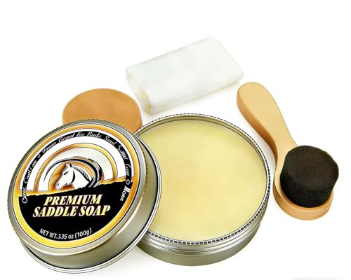 Saddle Soap for Leather – All-Natural 3-in-1 Leather Cleaner & Conditioner Kit with Horsehair Brush & Cloth – For Boots, Bags, Saddles, Car Interiors, Shoes 3.52oz