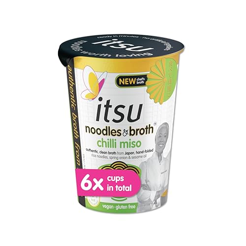 itsu chilli miso instant noodles & broth pot 65g | Instant Noodles Snack Multipack | Quick-to-Make Snack | Gluten free | Vegan | Pack of 6
