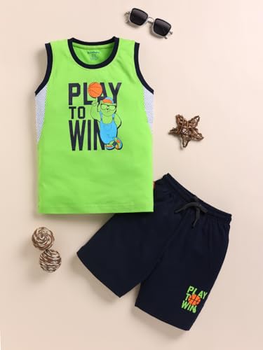 Image of Bumchums Boys Sleeveless Round Neck T-Shirt and Pant Set for Boys, Casual Clothing Set, Trendy and Cute, Graphic